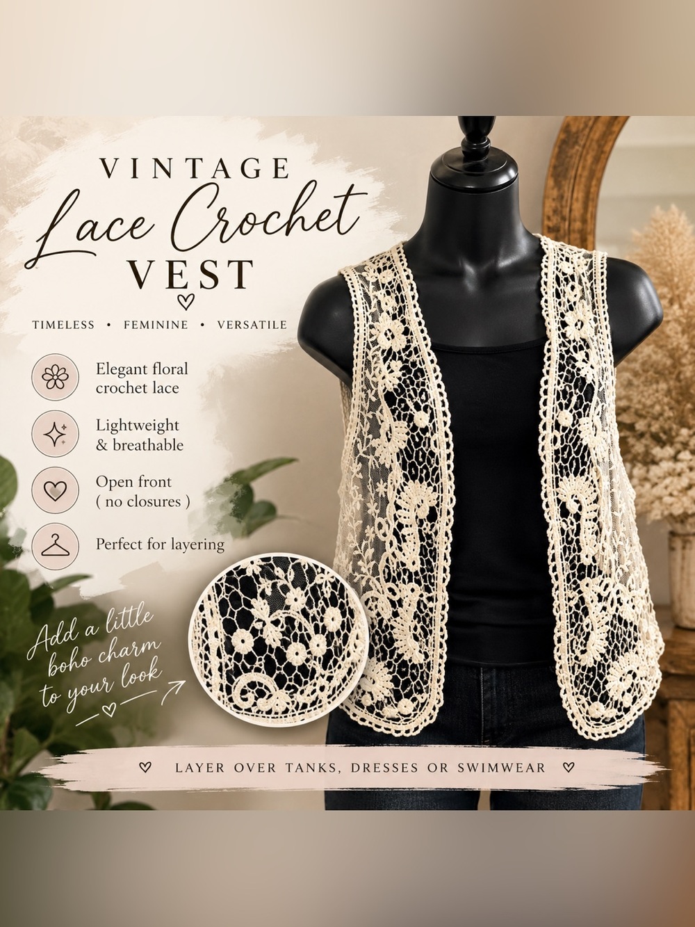 Garage Cream Floral Lace Crochet Boho Vest Sheer Embroidered Small